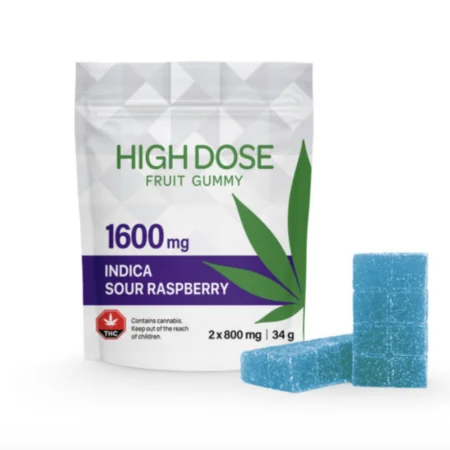 High Dose – Extreme Strength Sour Raspberry Fruit Gummy 1600mg (Indica)
