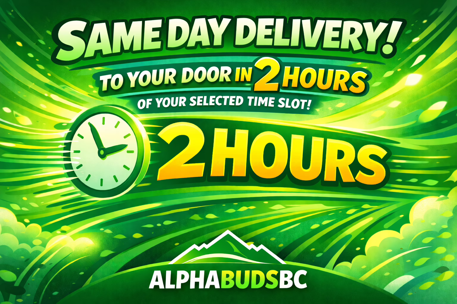 AlphaBudsBC Main page banner featuring same-day delivery in 2 hours. Enjoy prompt service and delivery right to your doorstep. Order now from our selected time slot.