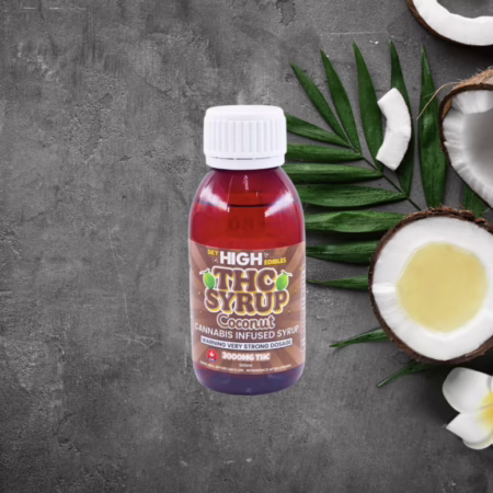 Image of Sky High Edibles THC Syrup - Coconut 3000mg. Cannabis-infused syrup with a tropical coconut flavor. Explore our full selection of THC edibles today!