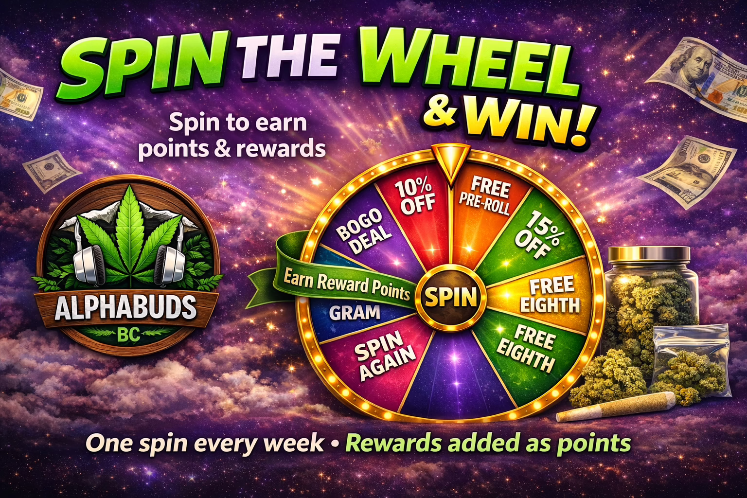 Spin the Wheel promotion for AlphaBuds BC, as seen on the main page. The wheel offers prizes like discounts and free products. Earn points and rewards weekly.