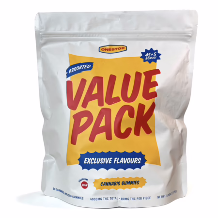 Image of OneStop - Assorted Value Pack Gummies 4000mg, featuring a variety of flavors. This value pack provides a high-quality cannabis gummy experience.