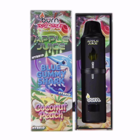 Image of Burn Triple Threat Pen (9g) - Apple Juice + Blue Gummy Shark + Coconut Peach flavor. High-quality vape pen for a unique experience.