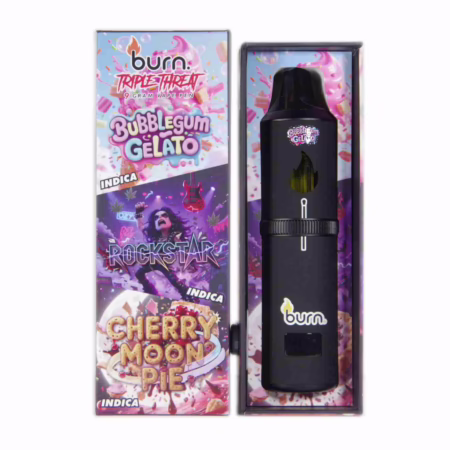 Burn Triple Threat 9-gram vape pen with Bubblegum Gelato and Cherry Moon Pie Indica AUTO-DRAFT. Find high-quality vape pens with unique flavors in our collection.
