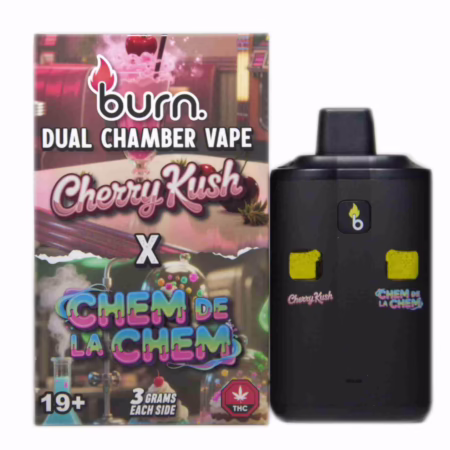 Burn Dual Chamber Pen 6g featuring Cherry Kush (Hybrid) and Chem De La Chem (Sativa) strains. High-quality cannabis vaping experience with distinct flavor profiles.