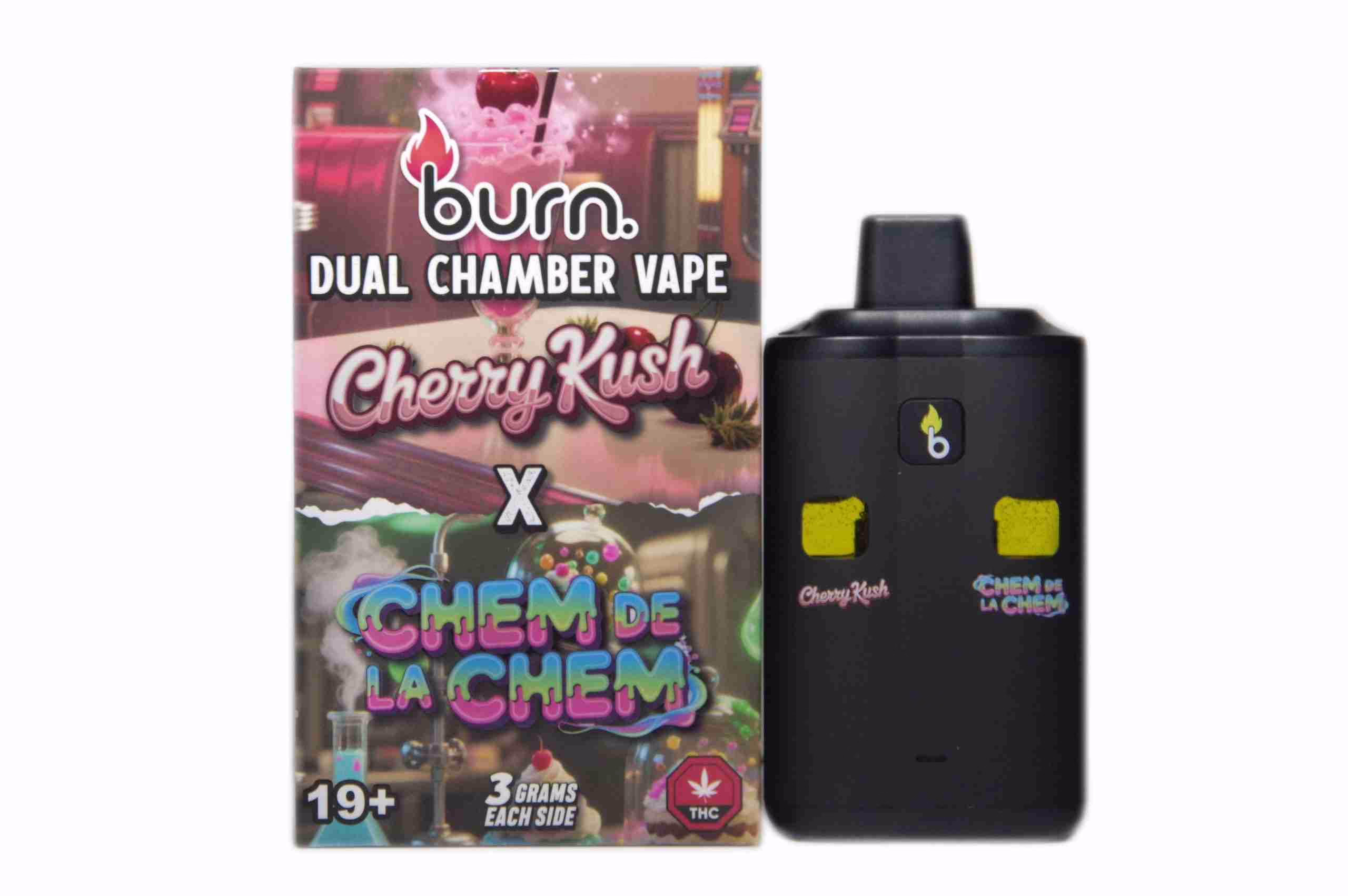 Burn Dual Chamber Pen 6g - Cherry Kush (H) + Chem De La Chem (S) 1 Burn Dual Chamber Pen 6g featuring Cherry Kush (Hybrid) and Chem De La Chem (Sativa) strains. High-quality cannabis vaping experience with distinct flavor profiles.