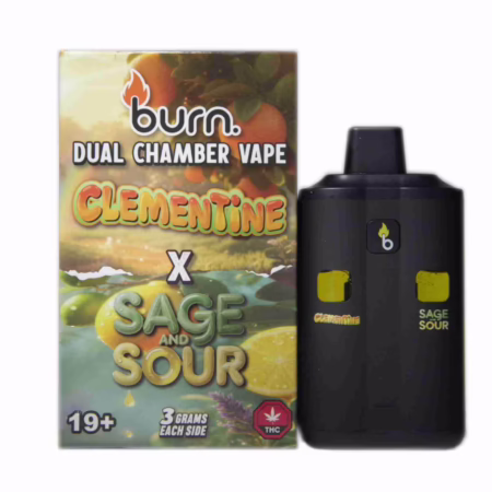 burn. AUTO-DRAFT Dual Chamber Vape featuring Clementine X Sage and Sour strains, 3 grams each side, displayed next to product packaging.