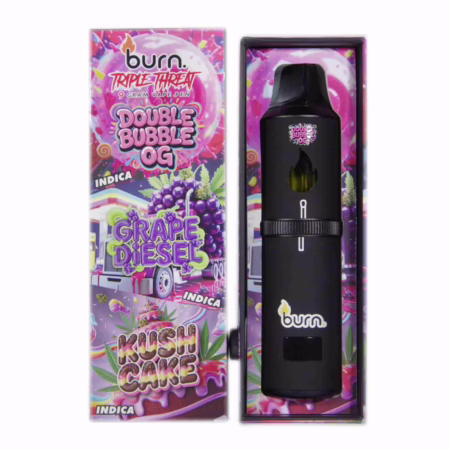 Burn Triple Threat Pen (9g) featuring Double Bubble OG, Grape Diesel, and Kush Cake strains for vaping enthusiasts. High-quality vaping experience.