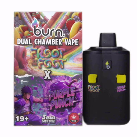 Image of Burn Dual Chamber Pen 6g - Froot By The Foot (I) + Purple Punch (H). This vape pen offers a unique blend of flavors in a convenient, dual chamber design.
