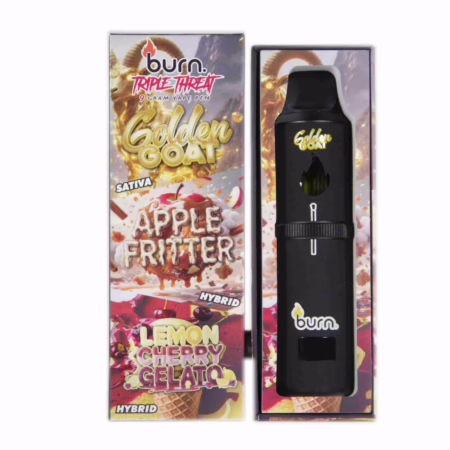 Burn Triple Threat Pen (9g) showcasing Golden Pineapple, Apple Fritter, and Lemon Cherry Gelato strains. A premium vape experience.