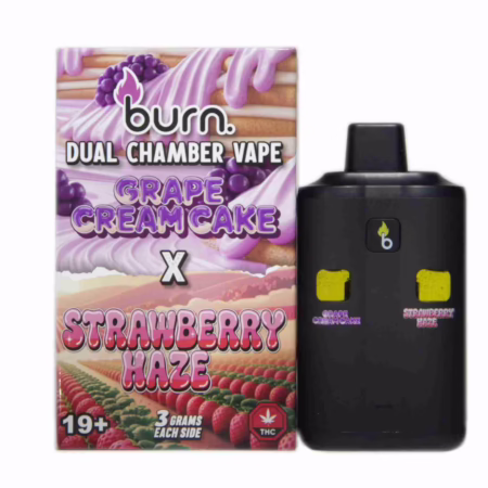 Burn brand AUTO-DRAFT dual chamber vape featuring Grape Cream Cake and Strawberry Haze flavors. The vape and its packaging are prominently displayed against a white background.
