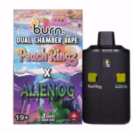 Burn Dual Chamber Pen 6g - Peach Ringz (H) + Alien OG (H). Image shows packaging and device with dual cartridges. Hybrid strains, 3g each.