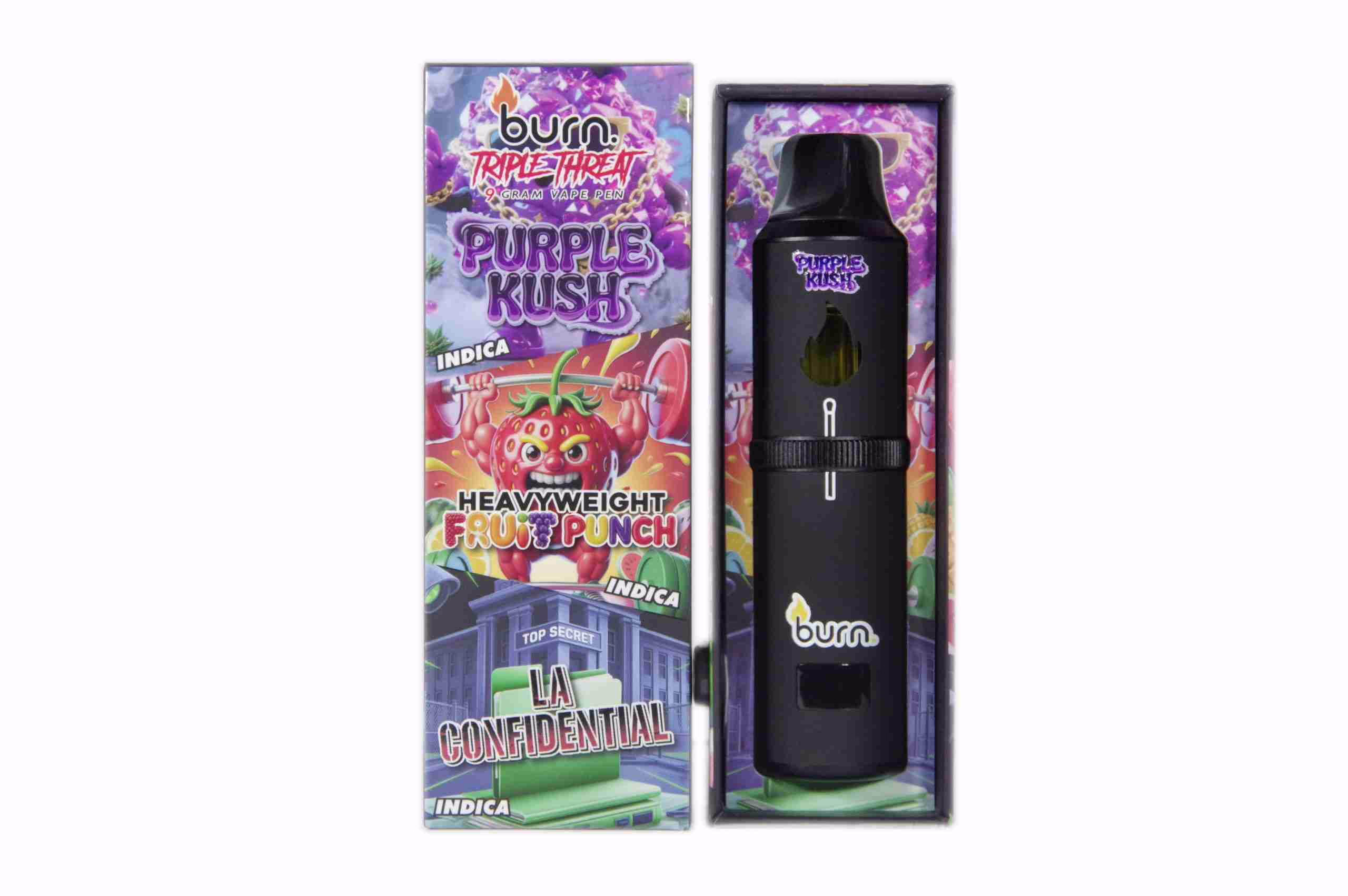 Burn Triple Threat Pen (9g) - Purple Kush + Heavyweight Fruit Punch + LA Confidential 1 BURN Triple Threat AUTO-DRAFT disposable vape pen. Flavors include Purple Kush, Heavyweight Fruit Punch, and LA Confidential. Black vape shown in packaging.