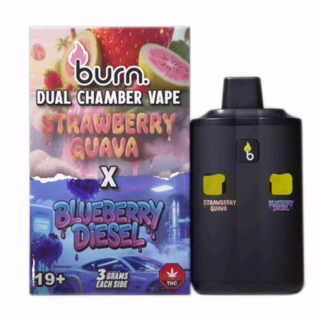 Burn Dual Chamber Pen 6g - Strawberry Guava (H) + Blueberry Diesel (H). Experience the convenience of two flavors in one sleek device. Explore now.