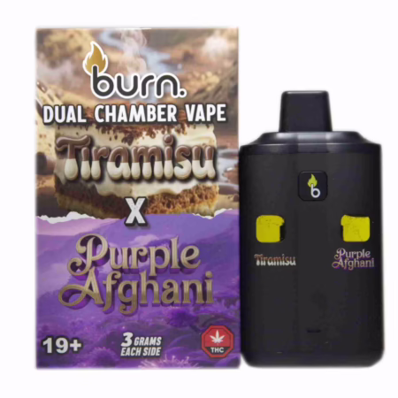 Burn Dual Chamber Pen 6g - Tiramisu (I) + Purple Afghani (I), featuring a dual-flavor option in a sleek design. Premium cannabis vape pen for a balanced experience.
