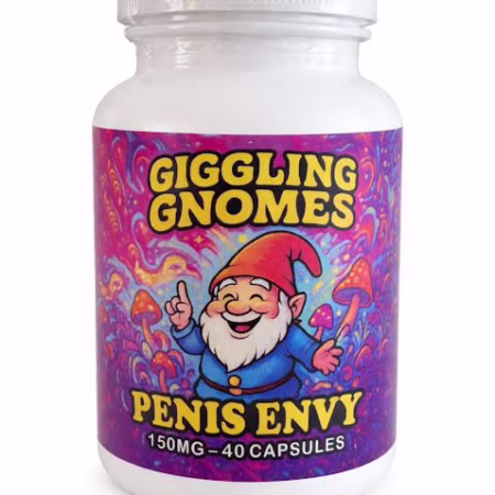 Bottle of Giggling Gnomes - OG Penis Envy Micro Dose Capsules 6000mg with colorful gnome label design.