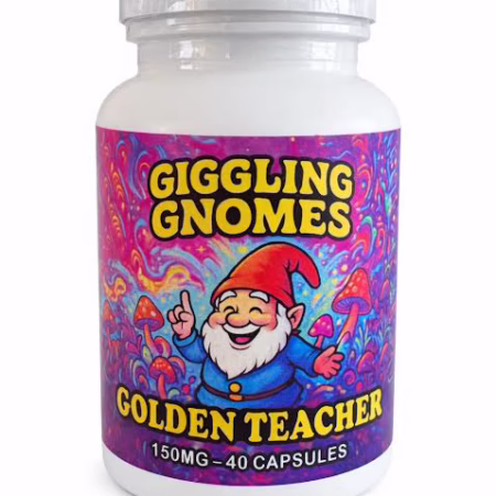Bottle labeled 'Giggling Gnomes Golden Teacher' featuring 150mg capsules. The package design is vibrant with colorful imagery.