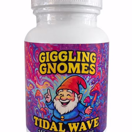 Giggling Gnomes -Tidal Wave Micro Dose Capsules 6000mg bottle featuring a colorful label with a gnome.