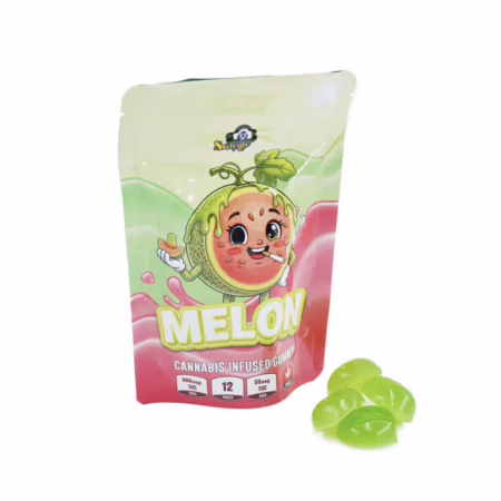 A professional image showcasing a stand-up pouch of melon-flavored cannabis-infused gummies, featuring a playful melon character. Ideal for AUTO-DRAFT product listings.