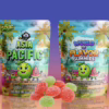 Two professionally designed cannabis-infused gummy pouches, 'Sour Asia Pacific' and 'World of Flavor Gummies,' with tropical themes and a pile of red and green sugar-coated gummies in front, ideal for AUTO-DRAFT.
