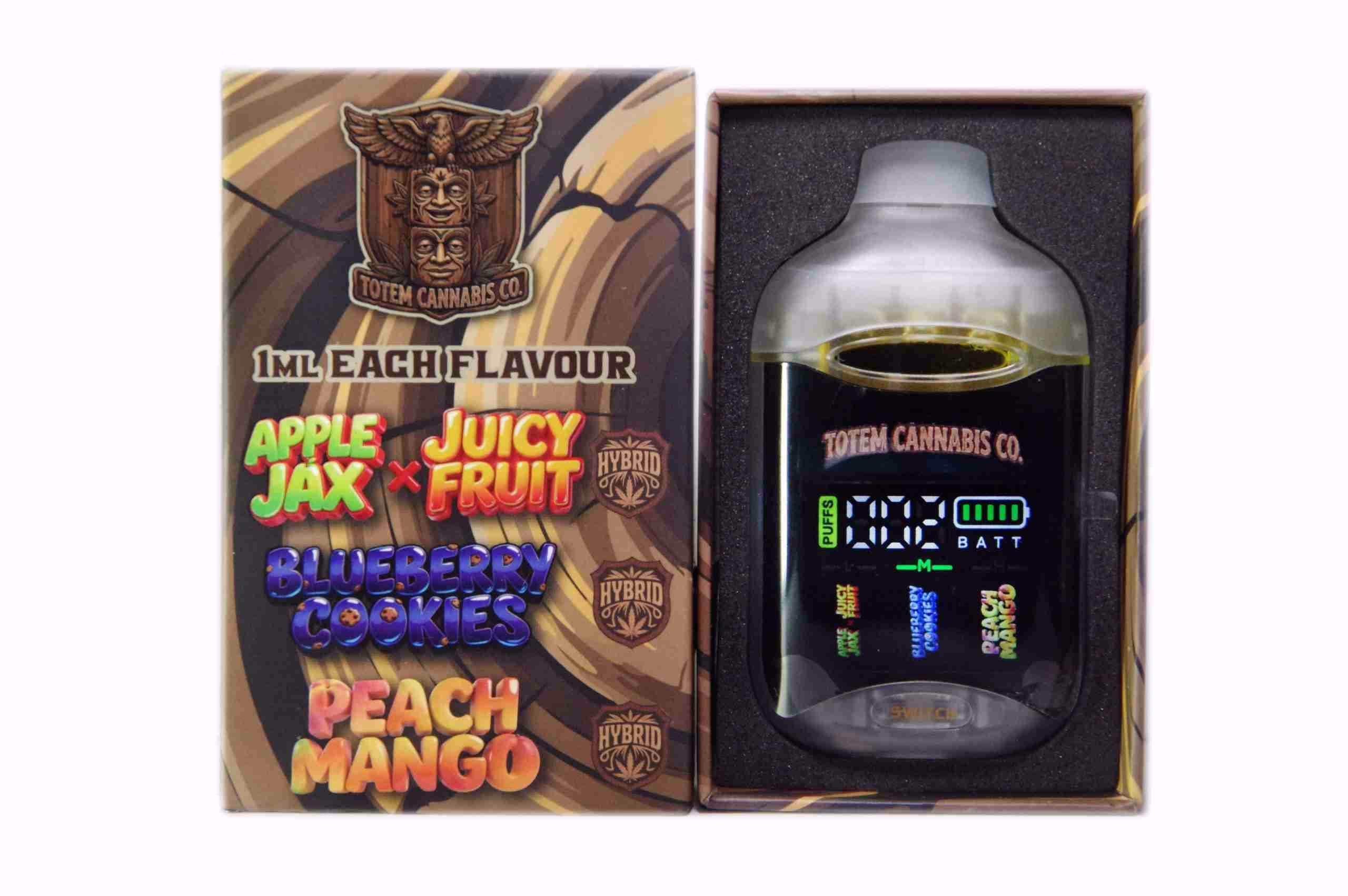 Totem Cannabis Co. Tri Chamber Vape - Apple Jax x Juicy Fruit + Blueberry Cookies + Peach Mango (3 x 1 Gram) 1 Totem Cannabis Co. Tri Chamber Vape - Apple Jax x Juicy Fruit + Blueberry Cookies + Peach Mango (3 x 1 Gram)