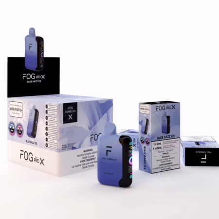 FOG Pro X Blue Razz Ice vape product packaging showcasing its features and branding for enhanced visibility.