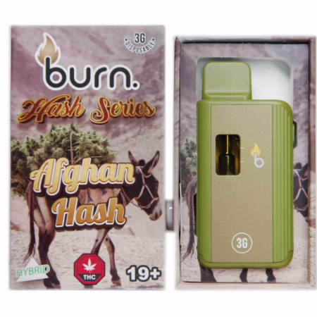 Burn Hash Series Afghan Hash disposable vape, featuring 3g capacity and hybrid THC blend for adult use.
