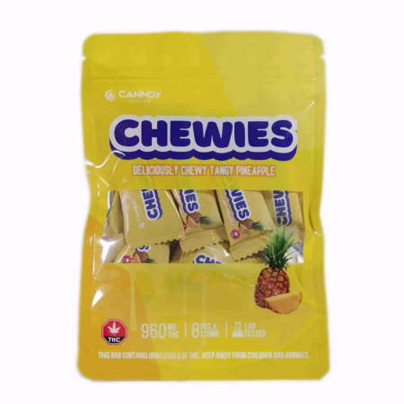 Canndy Edibles - Chewies Pineapple 960mg offers a deliciously chewy and tangy pineapple flavor in convenient pieces.