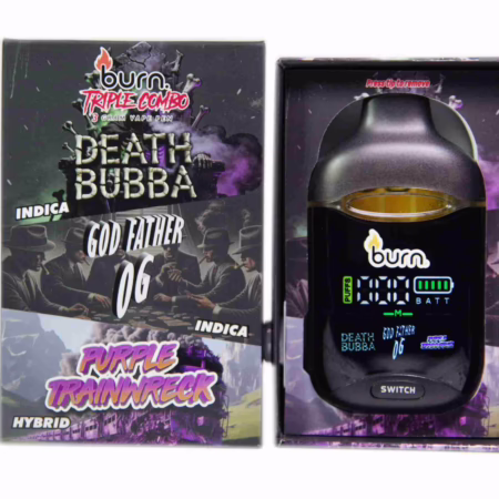Burn Triple Combo vape pen featuring Death Bubba, God Father OG, and Purple Trainwreck strains in a sleek packaging.