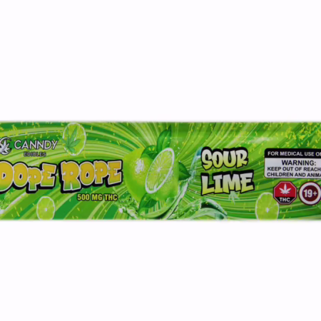 Sour Lime Dope Rope candy packaging featuring 500 mg THC, designed for adult use only. Bright green and vibrant design.