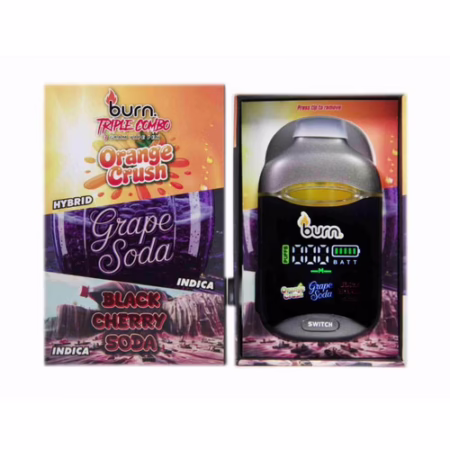 Burn Triple Combo packaging featuring Orange Crush, Grape Soda, and Black Cherry Soda flavors, showcasing the AUTO-DRAFT device.