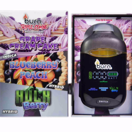 Burn Triple Combo vape pen featuring Grape Cream Cake, Blueberry Peach, and Hulk Berry flavors in a stylish package.