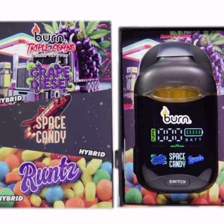 Burn Triple Combo vape pen featuring Grape Diesel and Space Candy flavors in a vibrant packaging design.