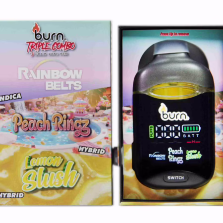 Burn Triple Combo vape pen featuring Rainbow Belts, Peach Ringz, and Lemon Slush flavors, ideal for a flavorful experience.