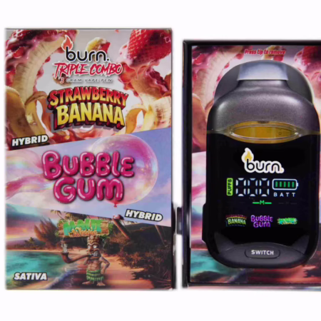 Burn Triple Combo vape pen featuring Strawberry Banana and Bubble Gum flavors, ideal for flavorful vaping experiences.