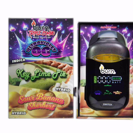 Burn Triple Combo (3 x 1 Gram) features Ultra Violet OG, Key Lime Pie, and Sour Banana Sherbet for a unique vaping experience.