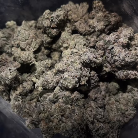 Close-up view of the Animal Face strain, showcasing its dense, frosty buds with a rich green and purple hue.