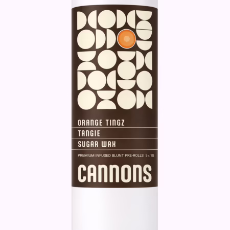 Premium Cannons pre-rolls featuring Orange Tingz and Tangie sugar wax for a flavorful experience. AUTO-DRAFT packaging design.