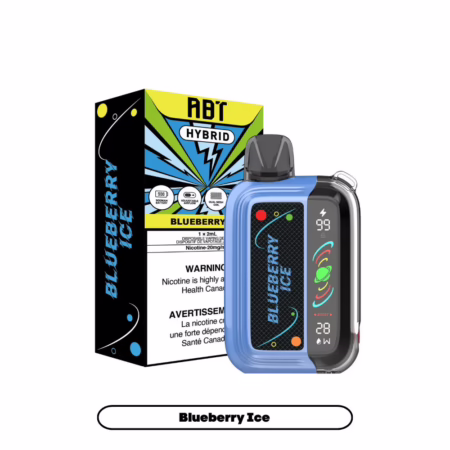 ABT Hybrid Blueberry Ice vape device with packaging, featuring nicotine warning and specifications.