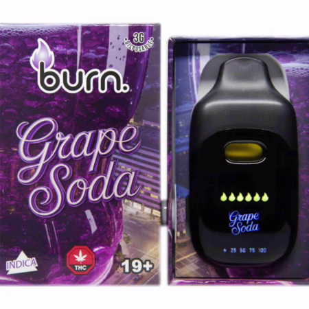 Burn Grape Soda disposable vape, featuring a sleek design and vibrant packaging, ideal for a flavorful experience. AUTO-DRAFT.