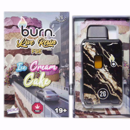 Burn Live Resin FSE Ice Cream Cake packaging showcasing a 2g disposable vape product, ideal for cannabis enthusiasts.