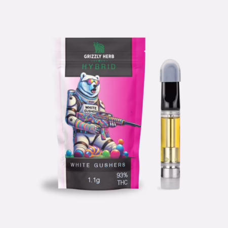 Grizzly Herb Cart 1.1g - White Gushers featuring vibrant packaging and a high-quality THC cartridge.