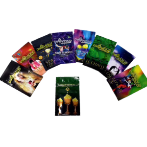 A collection of Diamond Concentrates Shatter packaging showcasing various flavors and designs, emphasizing quality and variety.