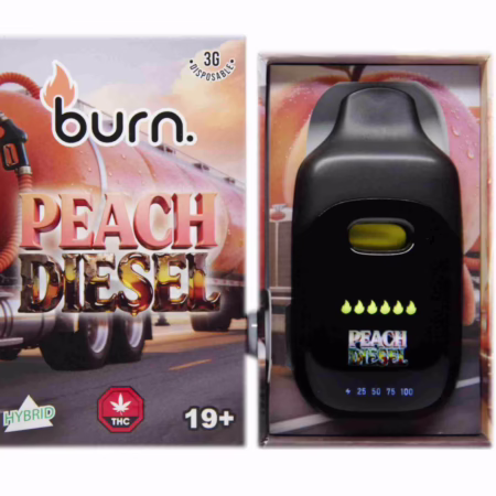 Burn Peach Diesel disposable vape featuring a sleek design and vibrant packaging, ideal for cannabis enthusiasts.
