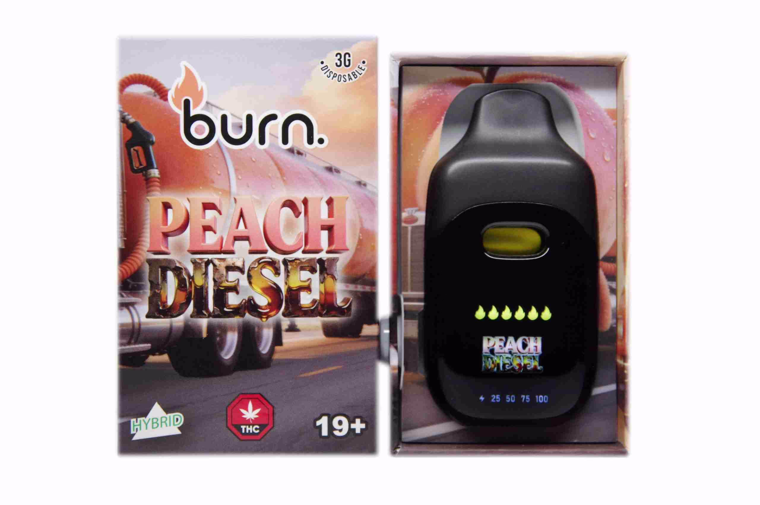 Burn Peach Diesel disposable vape featuring a sleek design and vibrant packaging, ideal for cannabis enthusiasts.