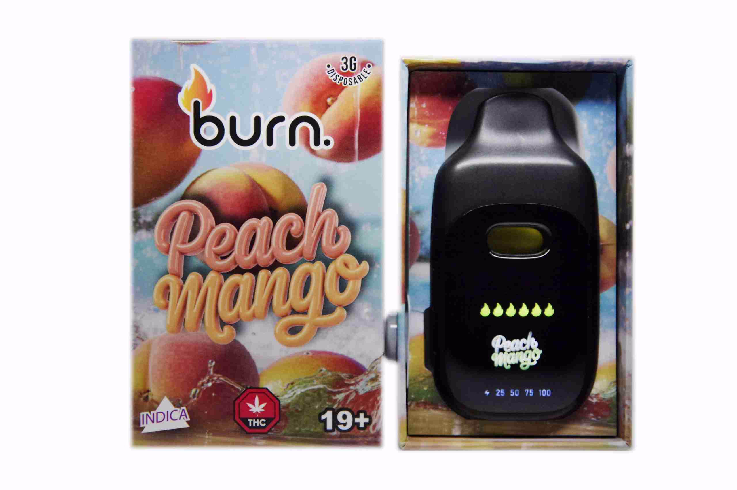 Burn Peach Mango disposable vape, featuring 3g capacity and indica strain, ideal for a flavorful experience. AUTO-DRAFT.