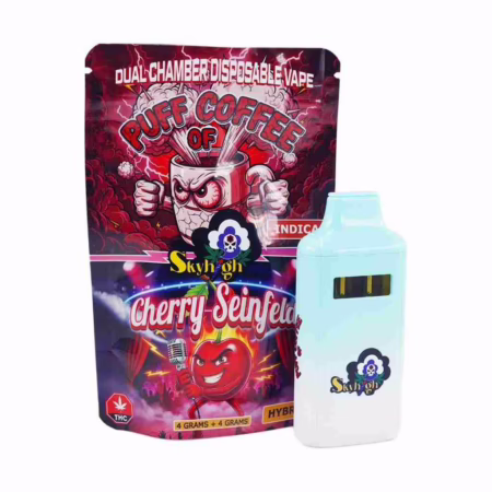 Skyhgh Cherry Seinfeld dual chamber disposable vape with packaging, ideal for flavorful sessions. AUTO-DRAFT.