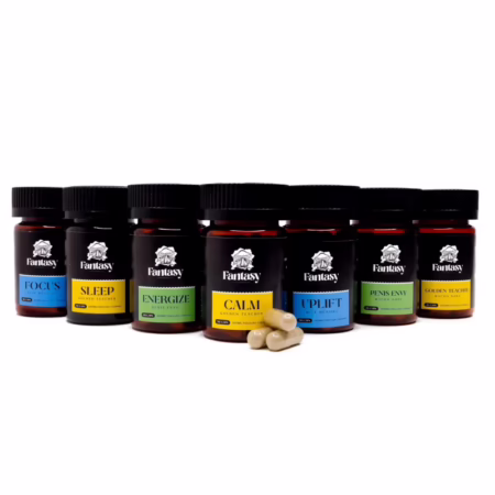 Fantasy Psychedelics Sleep Capsules 4500mg displayed among various product jars, showcasing a range of cannabis capsules.