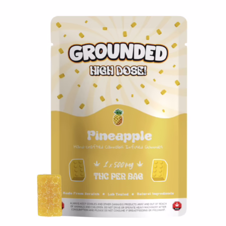Grounded High Dose Bricks – Pineapple 500mg cannabis-infused gummies in vibrant yellow packaging, showcasing a single gummy.