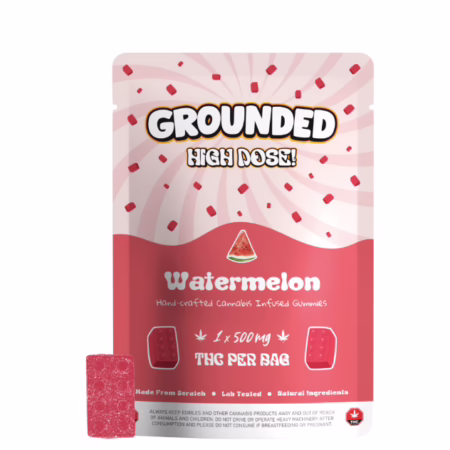 Grounded High Dose Watermelon cannabis-infused gummies in pink packaging, featuring a single gummy on display.