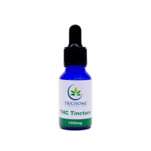 Trichome Gardens - THC Tincture 1500mg in a blue glass bottle with a dropper, designed for cannabis consumers.
